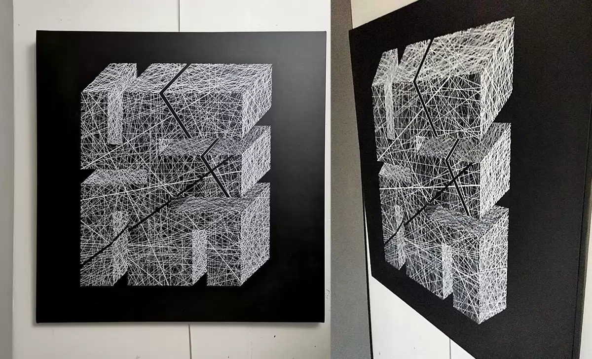 Résonance Spatiale, un tableau abstrait géométrique noir et blanc.
